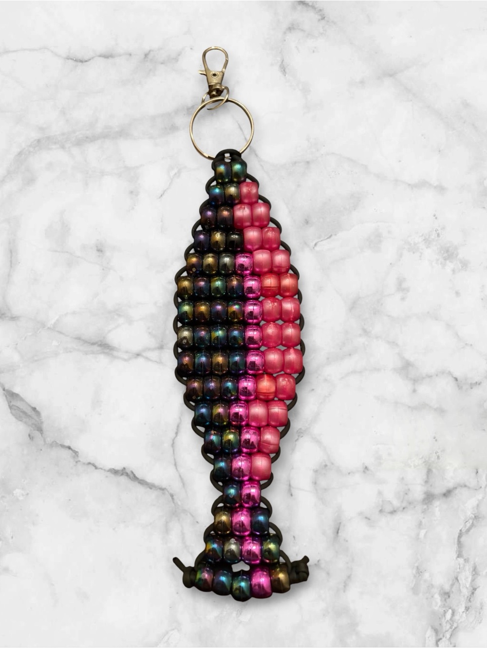 Beaded Fish Keychain Charm - Pink and Iridescent